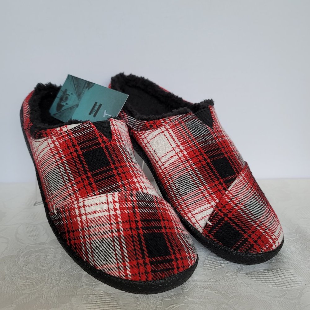 TOMS Men's Berkeley Faux Fur Lined Slip-On Slippers-Red Plaid- MEN's US Size 10⭐ - Picture 6 of 13